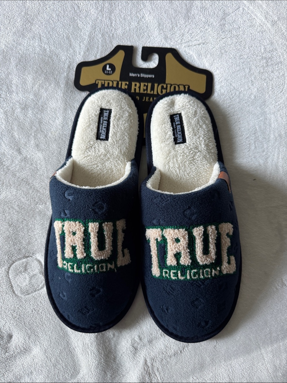 True Religion Navy Slippers with Cream and Green Embroidery